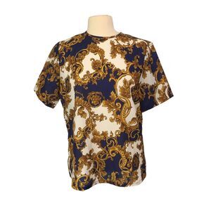 Judy Bond Womens Vintage Blue White Gold Baroque Short Sleeve Blouse Top 42 Bust
